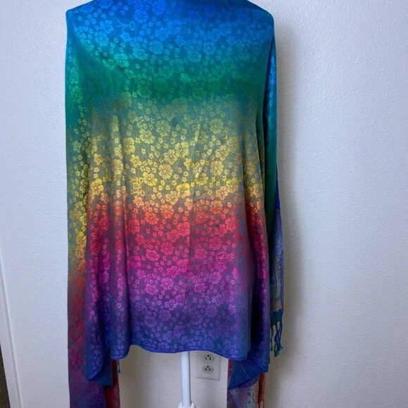 RARE! NWOT Pashmina 100% Pashmina Scarf Wrap Shawl 27 x 70" Rainbow - Picture 6 of 7